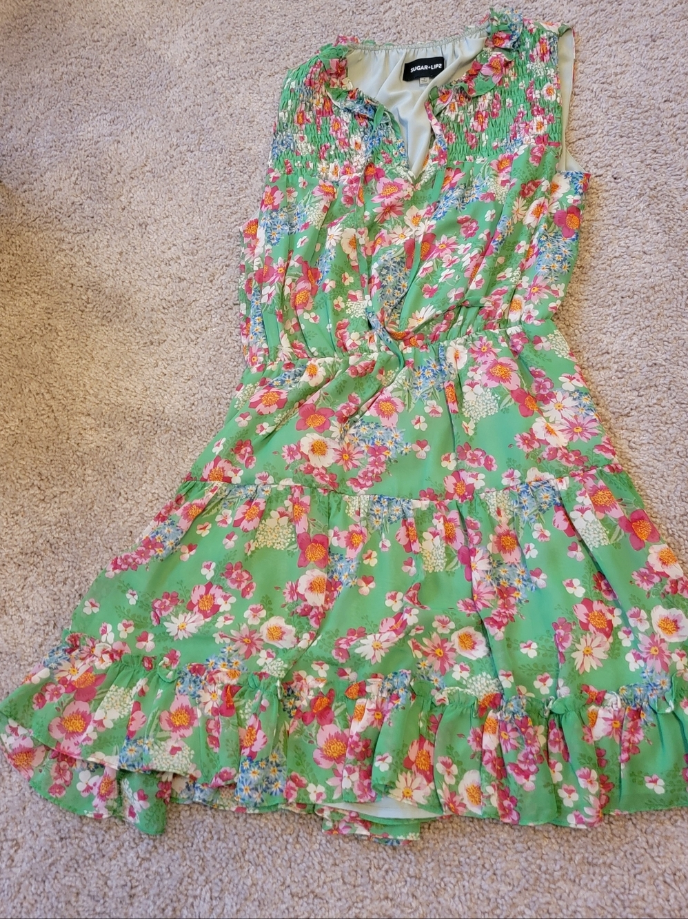 Sugar Lips Floral Mini Dress in Green & Pink Like New